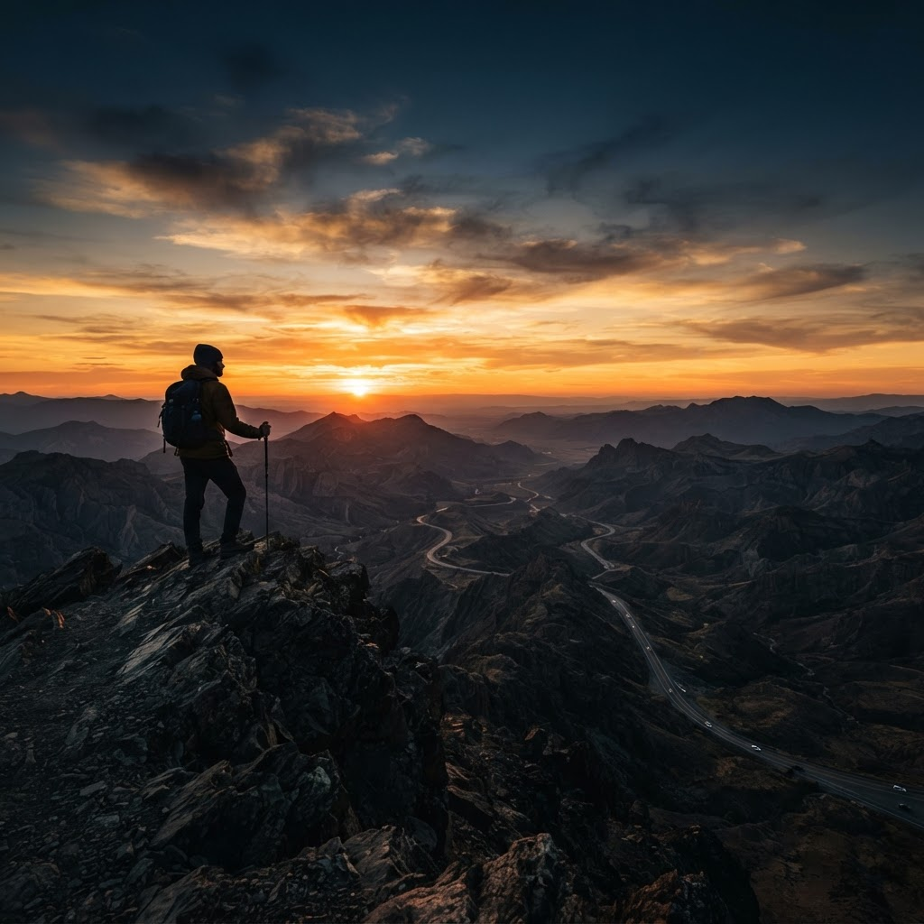 A lone traveler on a mountain road at golden hour