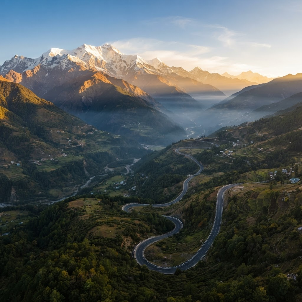 Sunrise over a winding Himalayan mountain road